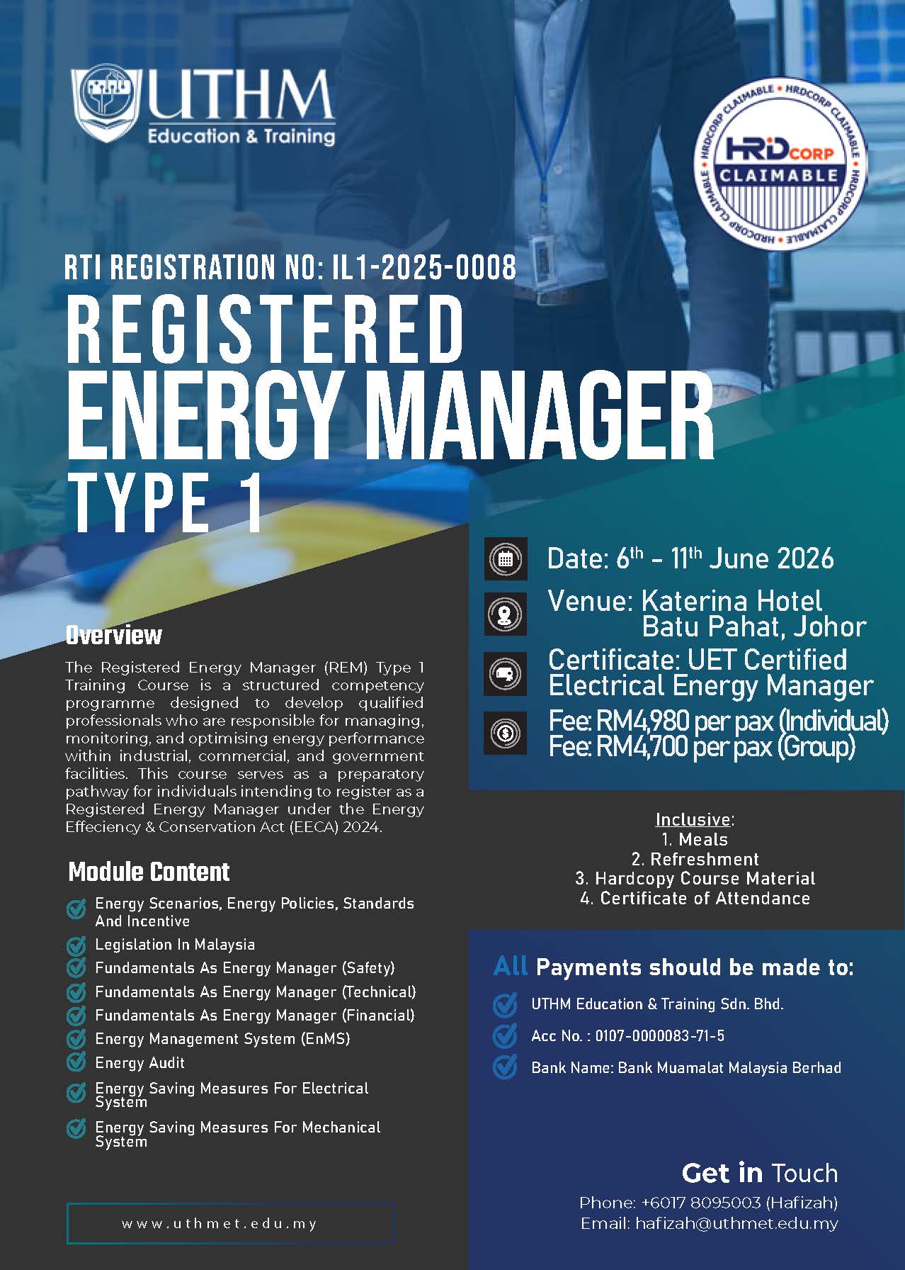 Registered Energy Manager REM training course Malaysia 2026 energy management class