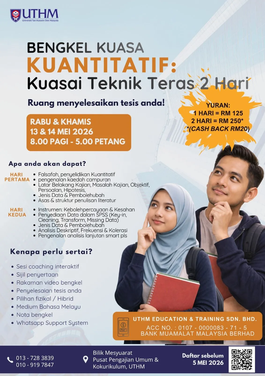 Quantitative research workshop in Malaysia focusing on thesis coaching, data analysis techniques, and academic writing support for students