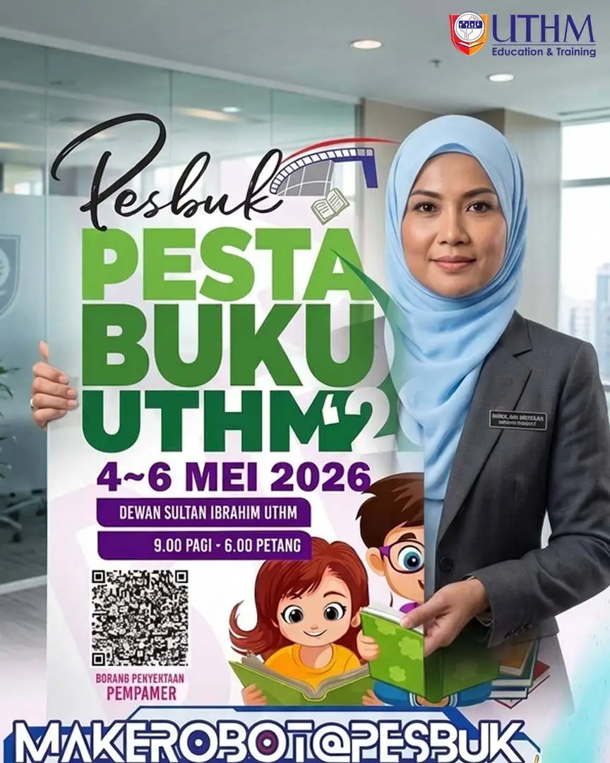 Pesta Buku UTHM 2026 at Dewan Sultan Ibrahim featuring book fair booths, exhibitions, and interactive visitor activities
